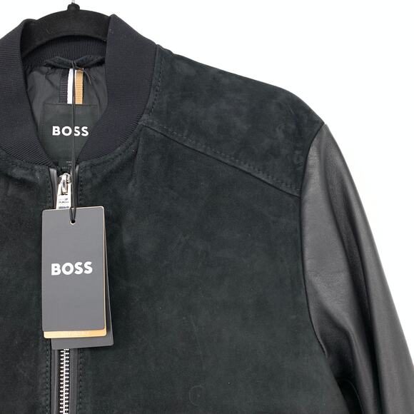Hugo Boss Leather Suede Bomber Jacket Mens Sz 34R Black Silver Tone Hardware NEW - Picture 4 of 7